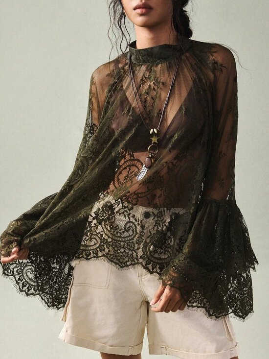 Tops - Army Green Boho Women's Mandarin Collar Raglan Sleeve Lace Blouse